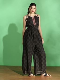Globus - Women Black Ethnic Print Embroidered Shoulder Straps Wide Leg Fusion Jumpsuit