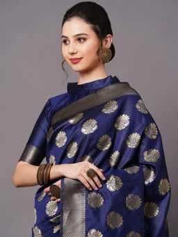 Akhilam - Navy Blue Festive Silk Blend Woven Design Saree with Unstitched