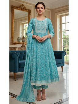 Gahan - Floral Printed Pure Cotton Anarkali Kurta & Trousers with Dupatta