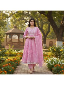 Gahan - Floral Printed Pure Cotton Anarkali Kurta & Trousers with Dupatta
