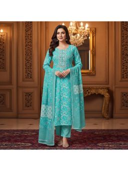 Gahan - Floral Printed Round Neck Straight Kurta & Trousers With Dupatta