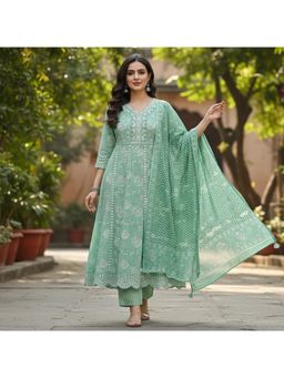 Gahan - Floral Printed Pure Cotton Anarkali Kurta & Trousers with Dupatta