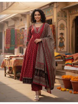 Gahan - Womens Viscose Rayon Anarkali Printed Kurta with Pant & Dupatta