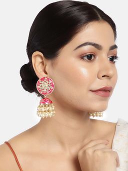 Laida - Pink & Gold-Plated Enamelled Stone-Studded Dome Shaped Jhumkas