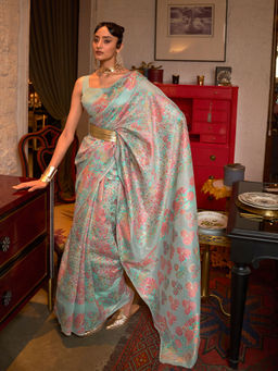 Odette - Festive Blue Woven Saree with Unstitched Blouse