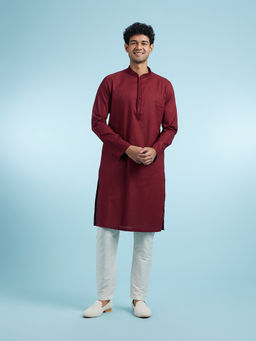 Manyavar - Maroon Cotton Kurta With Pyjama For Men