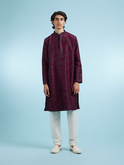 Manyavar - Wine Art Silk Kurta With Pyjama For Men