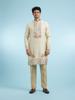 Manyavar - Beige Art Silk Kurta With Pyjama For Men