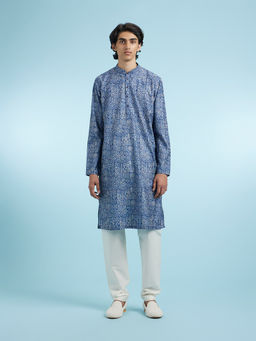 Manyavar - Blue Cotton Blend Kurta With Pyjama For Men