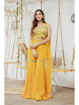 Label Swish - Mustard Embellished Draped Blouse with Flared Gharara Pants (Set of 2)