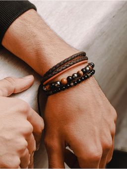Jazz and Sizzle - Men Brown and Black Elasticated Semi Precious Beaded Bracelets (Pack of 3)