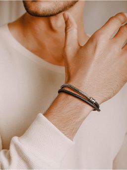 Jazz and Sizzle - Men Silver Toned Black Wraparound Bracelet
