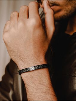 Jazz and Sizzle - Men Black Stainless Steel Checked Kada Bracelet