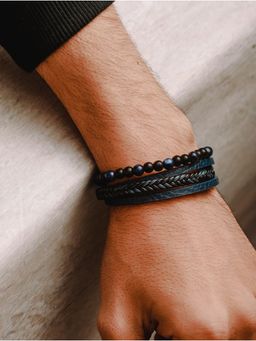 Jazz and Sizzle - Men Blue and Black Leather Wraparound Bracelet
