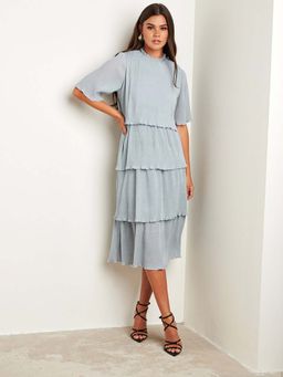 Styli - Blue Textured High Neck Layered Midi Dress With Short Sleeves