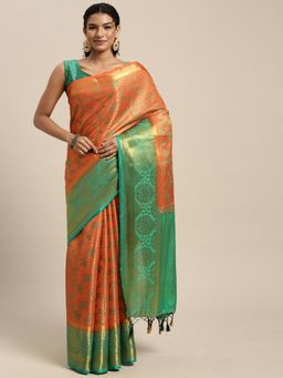 Mimosa - Women's Kanjivaram Art Silk Orange Saree with Unstitched Blouse