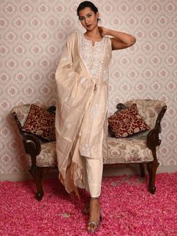Odette - Beige Polyester Chikankari Beads Embroidered Unstitched Kurta with Dupatta (Set of 2)