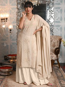 Odette - Beige Cotton Viscose Chikankari Beads Embroidered Unstitched Kurta with Dupatta (Set of 2)