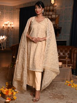 Odette - Beige Checked Voile Chikankari Mukaish Work Unstitched Kurta with Dupatta (Set of 2)