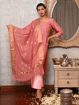 Odette - Mauve Polyester Viscose Chikankari Beads Embroidered Unstitched Kurta with Dupatta (Set of 2)