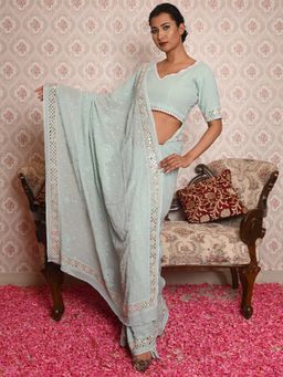 Odette - Sea Green Georgette Chikankari Beads Embroidered Saree with Unstitched Blouse