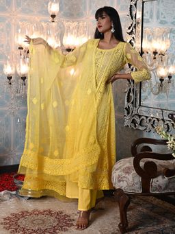 Odette - Yellow Organza Chikankari Beads Embroidered Unstitched Kurta with Dupatta (Set of 2)
