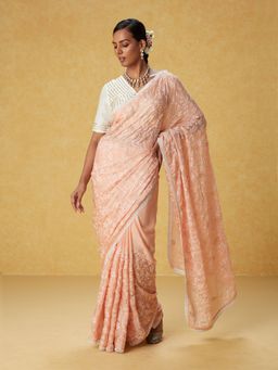 Likha - Peach Chiffon Embroidered Saree with Lace and Unstitched Blouse LIKSAR99 (Free Size)