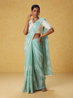 Likha - Green Chiffon Embroidered Saree with Lace and Unstitched Blouse LIKSAR104 (Free Size)