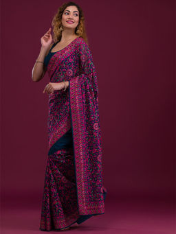 Koskii - Peacock Blue Thread Work Georgette Saree with Unstitched Blouse