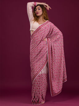 Koskii - Beige Thread Work Georgette Saree with Unstitched Blouse
