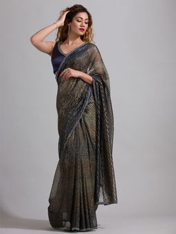 Koskii - Navy Blue Swarovski Shimmer Georgette Saree with Unstitched Blouse