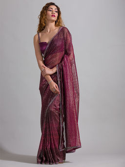 Koskii - Wine Swarovski Shimmer Georgette Saree with Unstitched Blouse