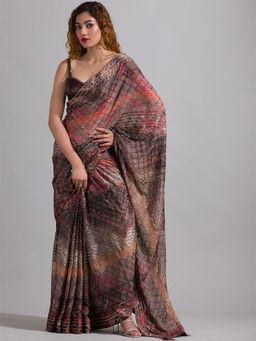 Koskii - Brown Swarovski Georgette Saree with Unstitched Blouse