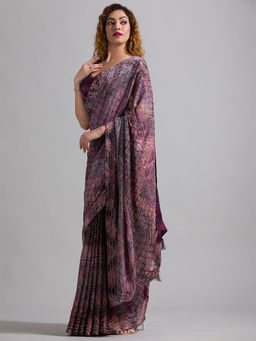 Koskii - Wine Swarovski Georgette Saree with Unstitched Blouse
