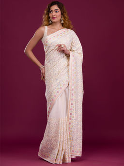Koskii - Cream Thread Work Georgette Saree with Unstitched Blouse