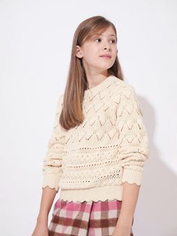 VERO MODA - Girl Self Design Relaxed Fit Beige Pullover Sweater