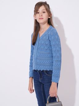 VERO MODA - Girl Self Design Relaxed Fit Blue Cardigan