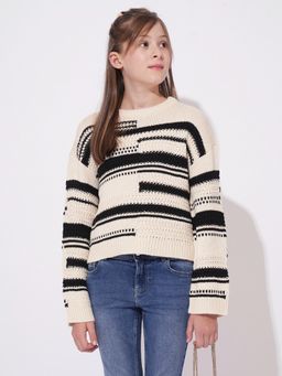 VERO MODA - Girl Self Design Regular Fit Beige Pullover Sweater
