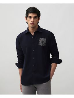 Albino - Navy Blue Tiger Embroidered Slim Fit Shirt