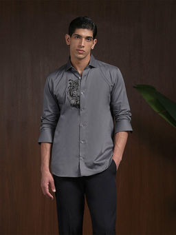 Albino - Dark Grey Slim Fit Tiger Embroidered Shirt