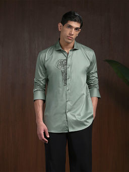 Albino - Pista Green Elephant Motif Embroidered Slim Fit Shirt