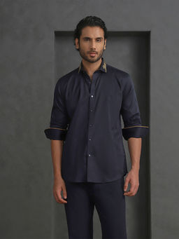 Albino - Premium Navy Blue Slim Fit with Tiger Motif on Collar Tips Shirt