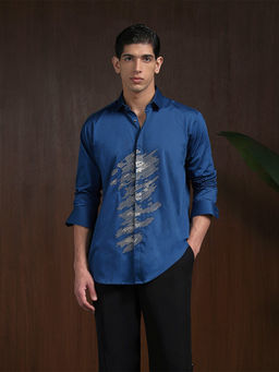 Albino - Deep Blue Slim Fit Abstract Embroidered Shirt