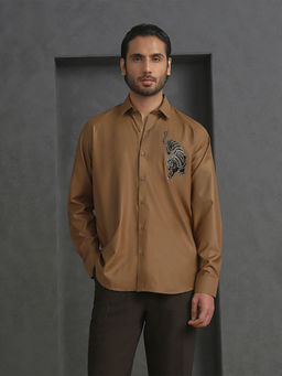Albino - Light Brown Slim Fit Tiger Embroidered Shirt