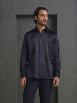 Albino - Navy Blue Slim Fit Tonal Floral Embroidered Shirt