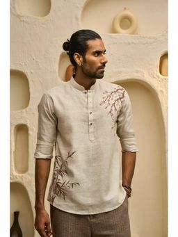 Albino - Stylish Beige Short Linen Kurti with Botanical Hand-Painted Shirt