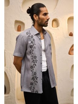 Albino - Premium Dark Grey Linen Shirt with Vertical Hand-Painted Floral Shirt