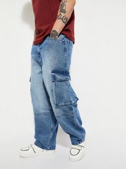 max - Men Washed Loose Fit Blue Cargo Pant