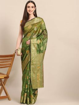 Odette - Green Woven Organza Saree with Unstitched Blouse