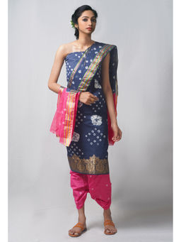 Unnati Silks - Unstitched Navy Blue Pure Bandhani Cotton Salwar Kameez (Set of 3)